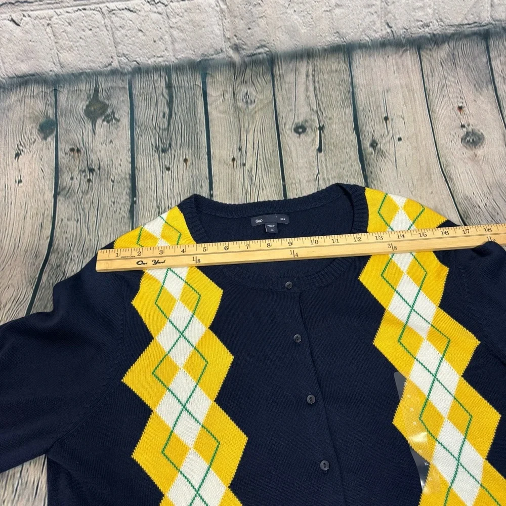Gap NWOT Navy Button Down Caridigan Yellow Green Argyle Diamond Y2K Preppy Sz XL - Picture 12 of 12